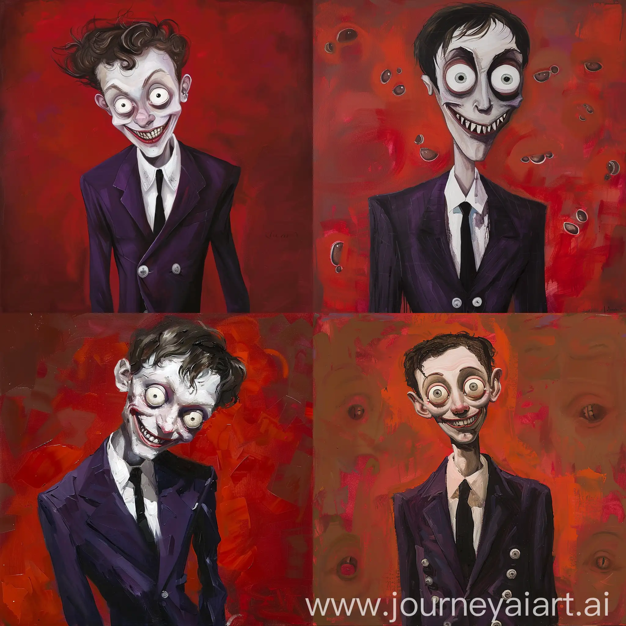 Cunning-Man-in-Dark-Purple-Suit-Smirking-Against-Red-Background