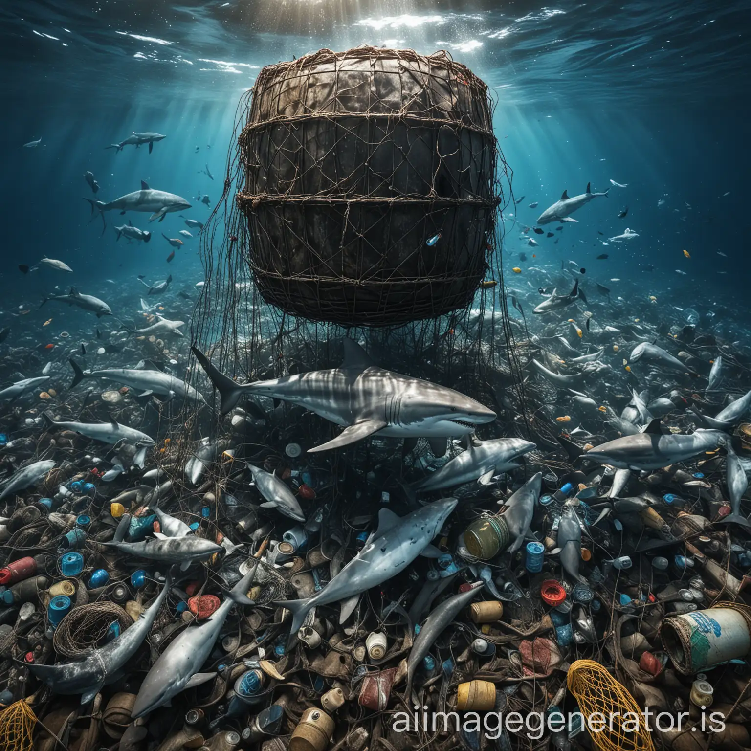 Sea, Underwater, Oil barrel, Shark, Dolphins, Fishing net, Plastic waste, high resolution, ultra realistic, real photography, perfect quality