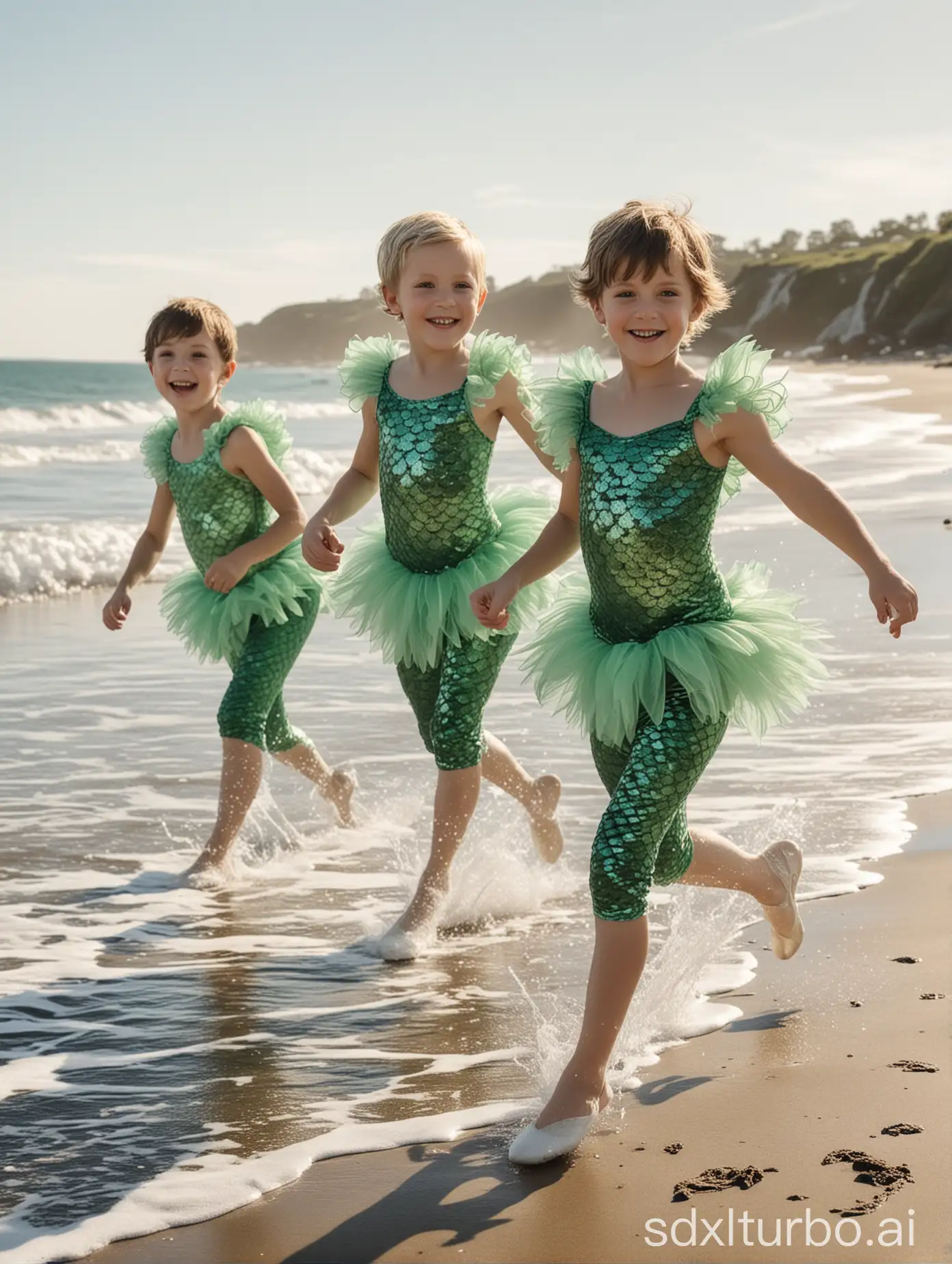(((Gender role reversal))), A bunch of short-haired 8-year-old boys running cheerfully along a beach shoreline in silky scaly green ballerina-mermaid leotards with sleeves and frilly tutus, energetic