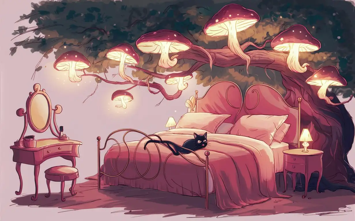 Double bed under the tree, mushroom floor lamp, dressing table, dreamy, black cat on the bed