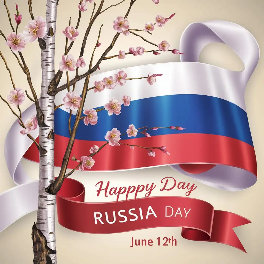 Открытка ко Дню России 12 июня, на фоне березы, ленты в виде флага России