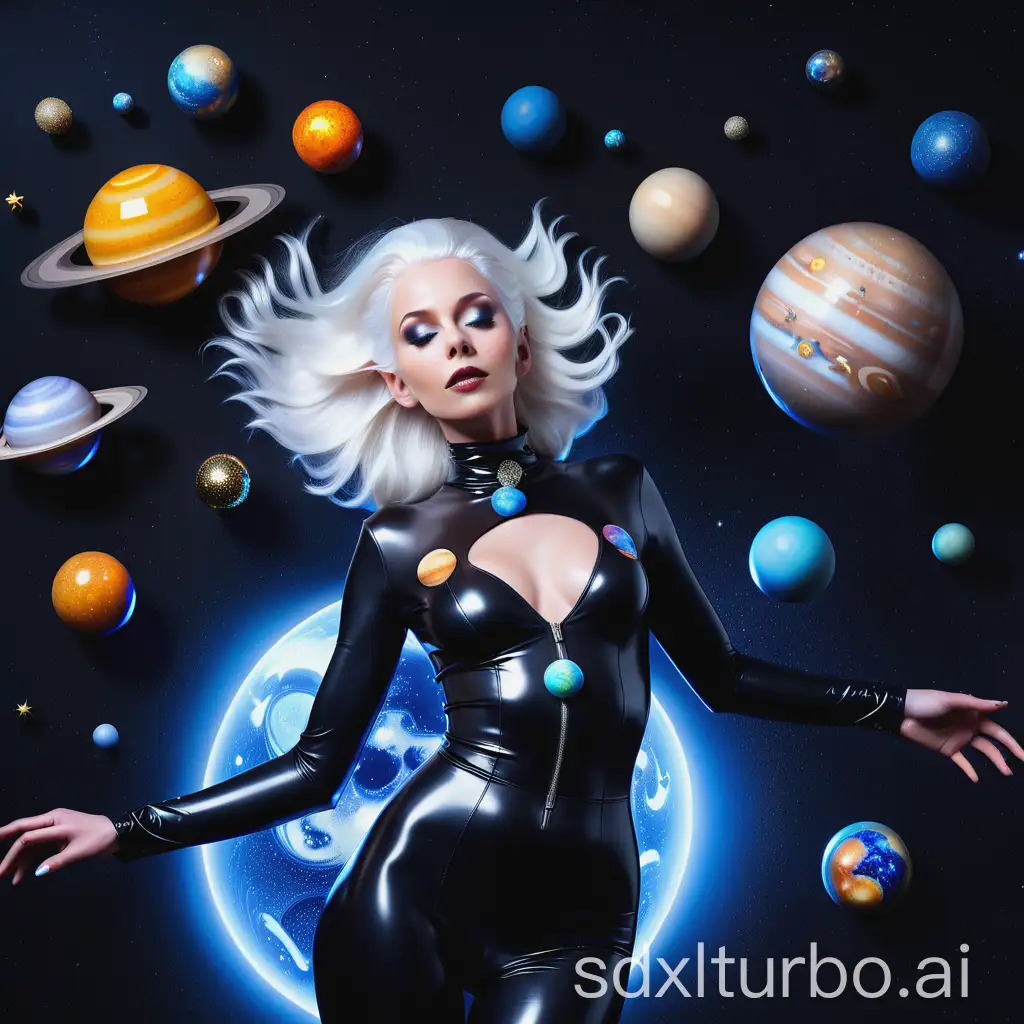 A white-haired woman in a black latex outfit is floating with the planets of our solar system above her, sparkles and glitter all around. It is a hyper realistic photograph in the style of editorial photography with a posed model.