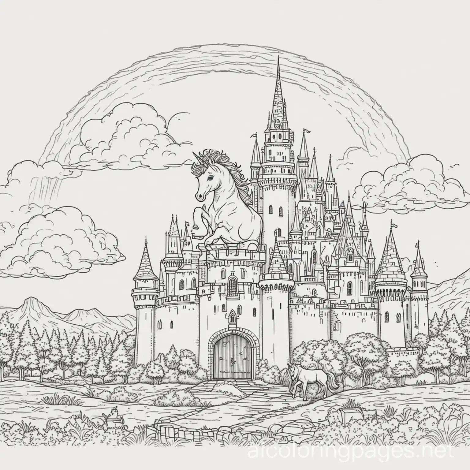 unicorn thick outlines. lovely castle in the background and a rainbow above it, Coloring Page, black and white, line art, white background, Simplicity, Ample White Space. The background of the coloring page is plain white to make it easy for young children to color within the lines. The outlines of all the subjects are easy to distinguish, making it simple for kids to color without too much difficulty