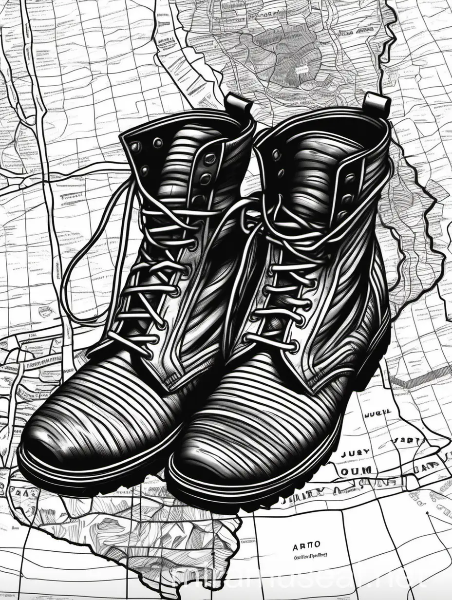 combat boots, black and white, line art, thick black lines, argentina jujuy map