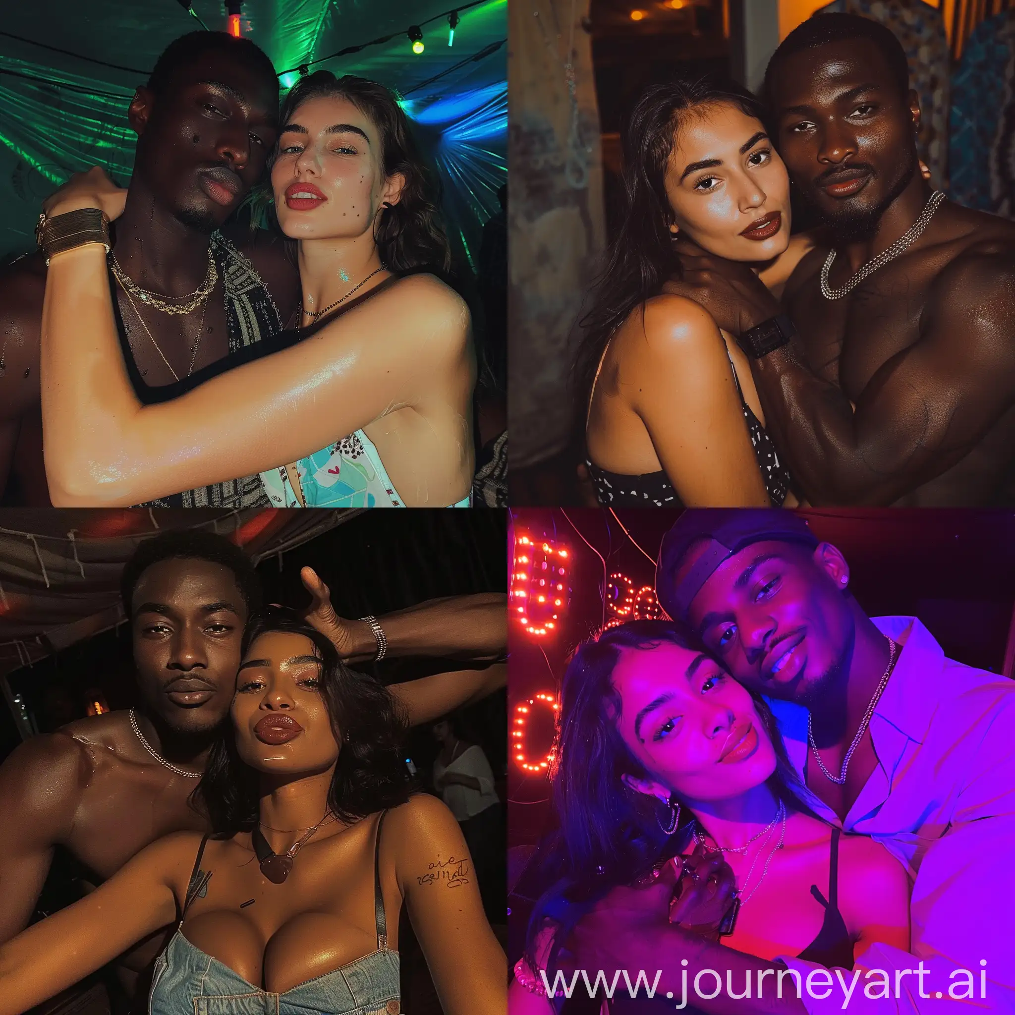 Aesthetic instagram selfie of an iraqi woman in a party club crop-top getting hugged possessively by her tall robust african partner, she looks very iraqi, she is doing the duck lips pose, her partner is grabbing her neck and smiling, the woman looks typically iraqi and is beautiful, both are looking at the camera, sweaty, flirty
