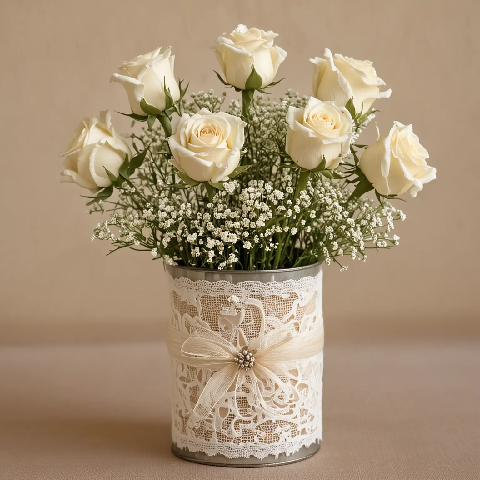 tin can vase painted antique ivoryand wrapped in antique ivory lace and holding ivory roses with a small amount of baby's breath for a simple, vintage centerpiece