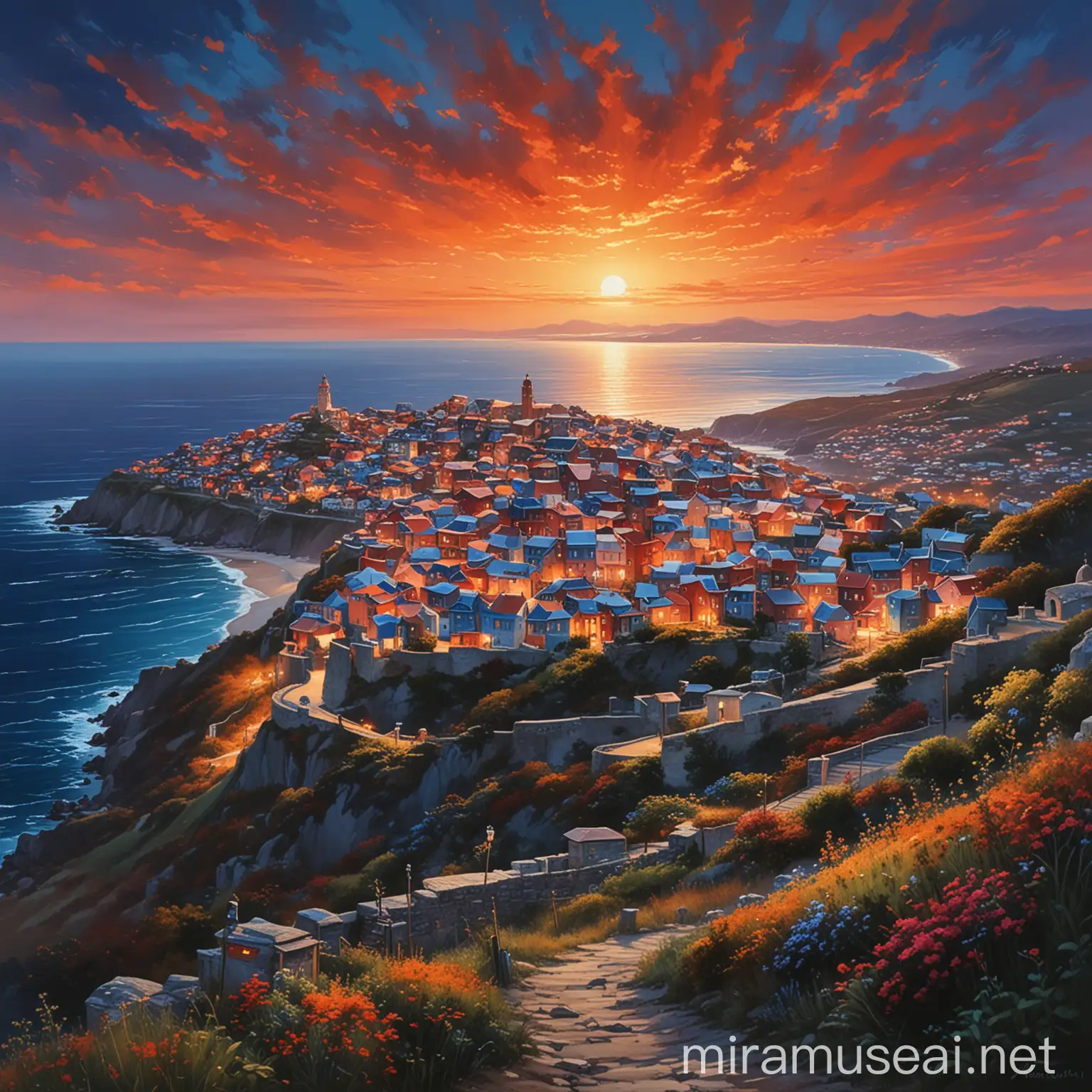 Scenic Hilltop Overlooking Village and Ocean at Sunset