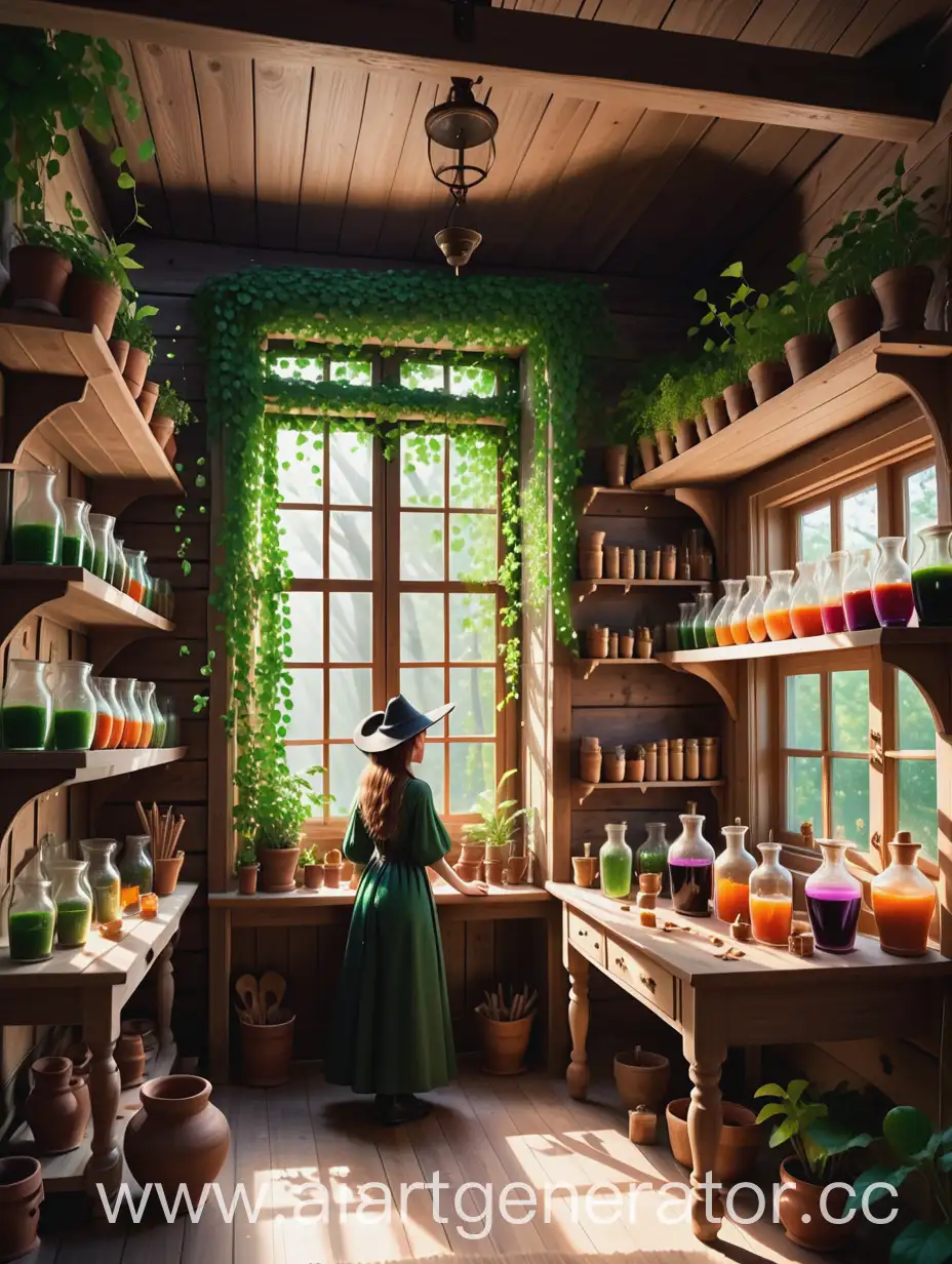 Young-Witch-Brewing-Potions-in-Sunlit-Forest-Cottage