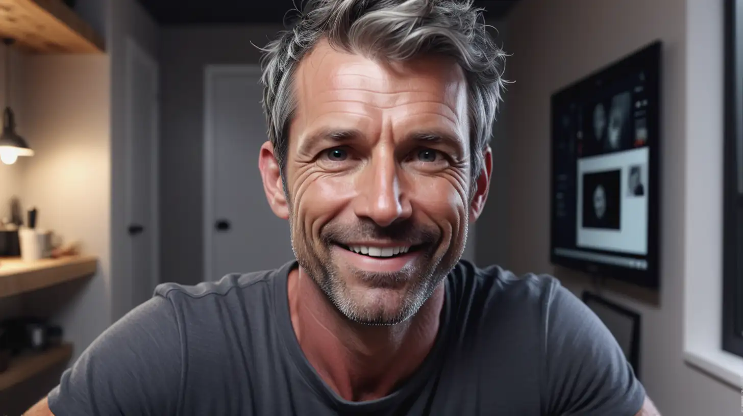 /IMAGINE a 16:9 image of a HANDSOME RUGGED 40 YR OLD CREATOR WITH SHORT SALT AND PEPPER HAIR video creator happily having an ah-ha moment while creating video with AI