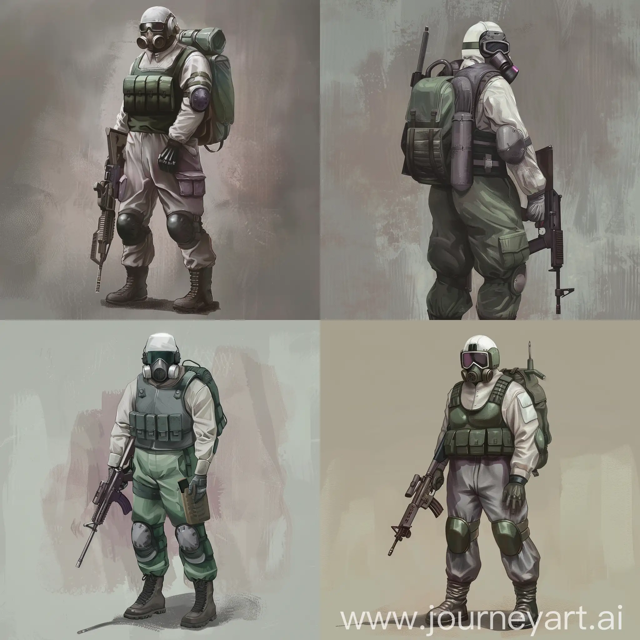 Digital concept art of a mercenary from the universe of S.T.A.L.K.E.R., dressed in a military jumpsuit, gray military armor on his body, a gas mask on his face, a backpack on the back, a rifle in the hands of a mercenary.