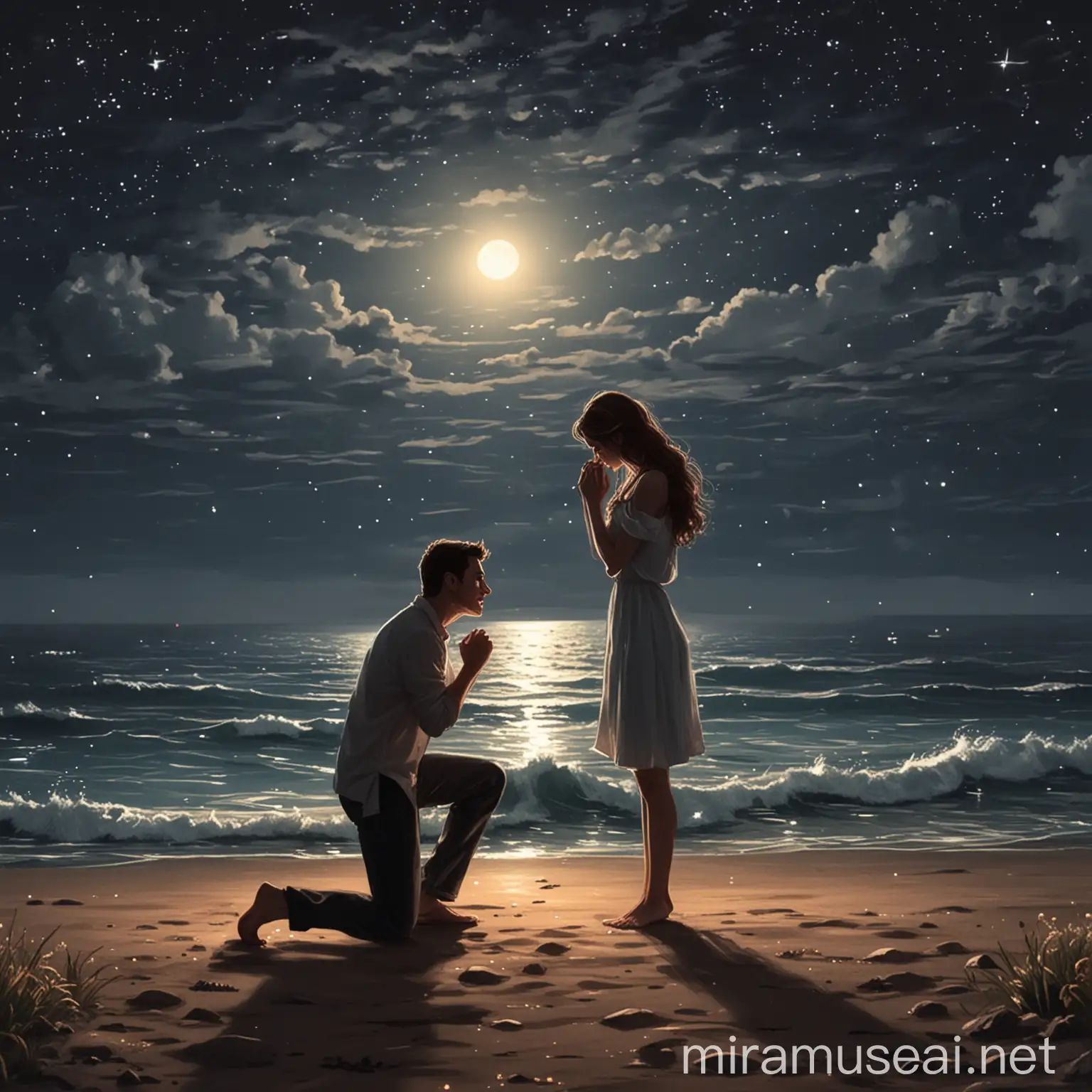 draw a guy proposing to a girl by the sea at night. Only the man is on one knee and the girl is standing