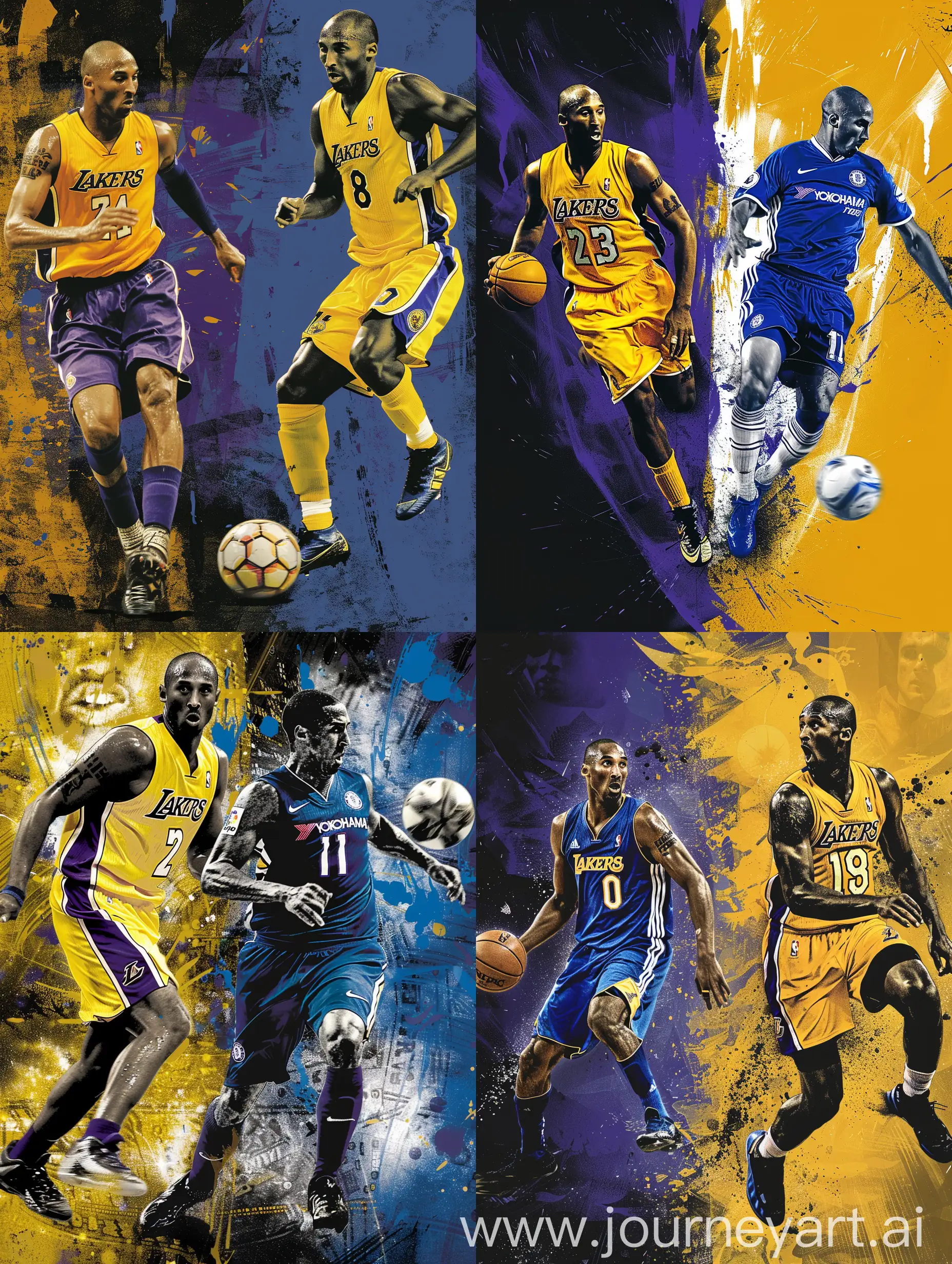 Kobe Bryant in the shooting on a black and yellow background with purple and the Lakers logo on the left, Frank Lampard kicking the ball on a blue background and the Chelsea logo on the right