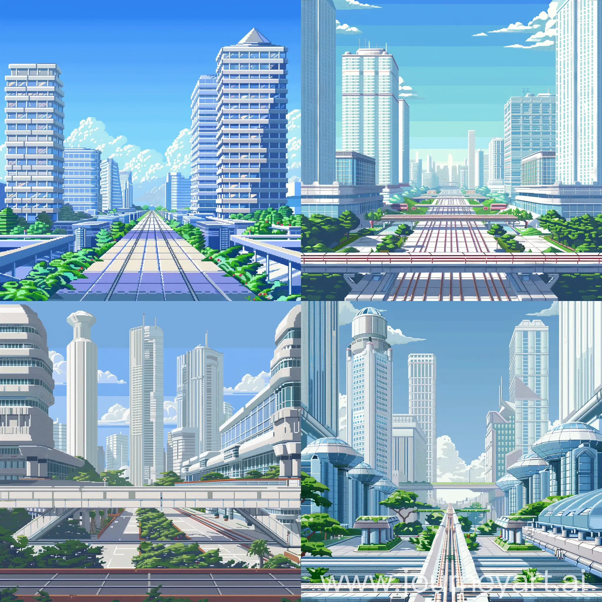 2D pixel art background for a USSR-themed game. Retrofuturism/futurism style. Day. background: Blue sky, monorail road without train, several tall buildings in the distance with white concrete and glass cladding, a lot of free space between buildings, Buildings - Rounded or sharp angles. Foreground: one glassy building 2 floors parallelepiped shape, neat vegetation  and other futuristic elements