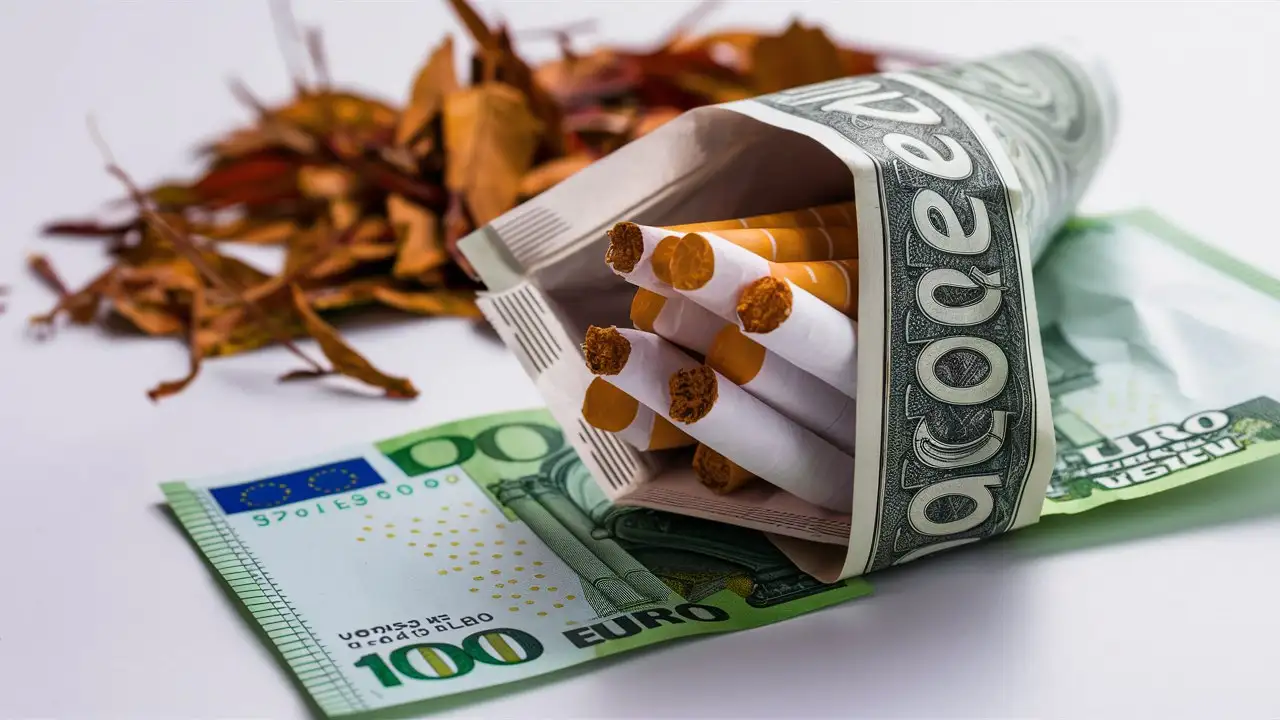 European Currency Wrapped Cigarette Pack with Tobacco Leaves Background