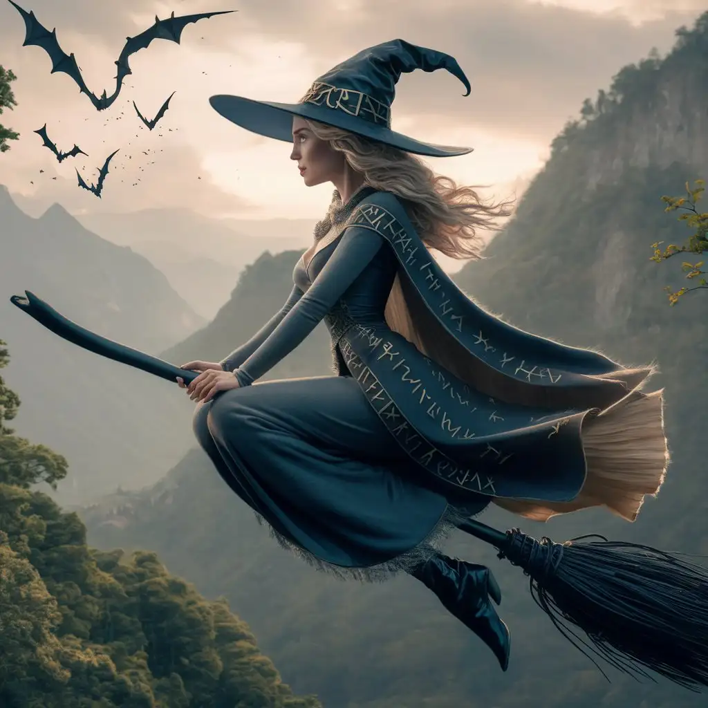 Magical Witch Flying on Broomstick Over Enchanting Landscape