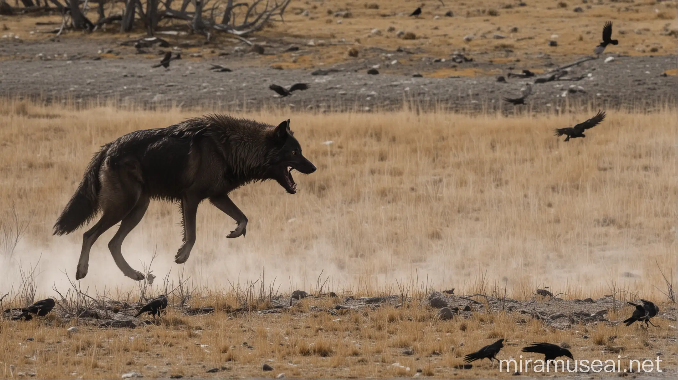 A wolf scares ravens off its food in Yellowstone National Park.