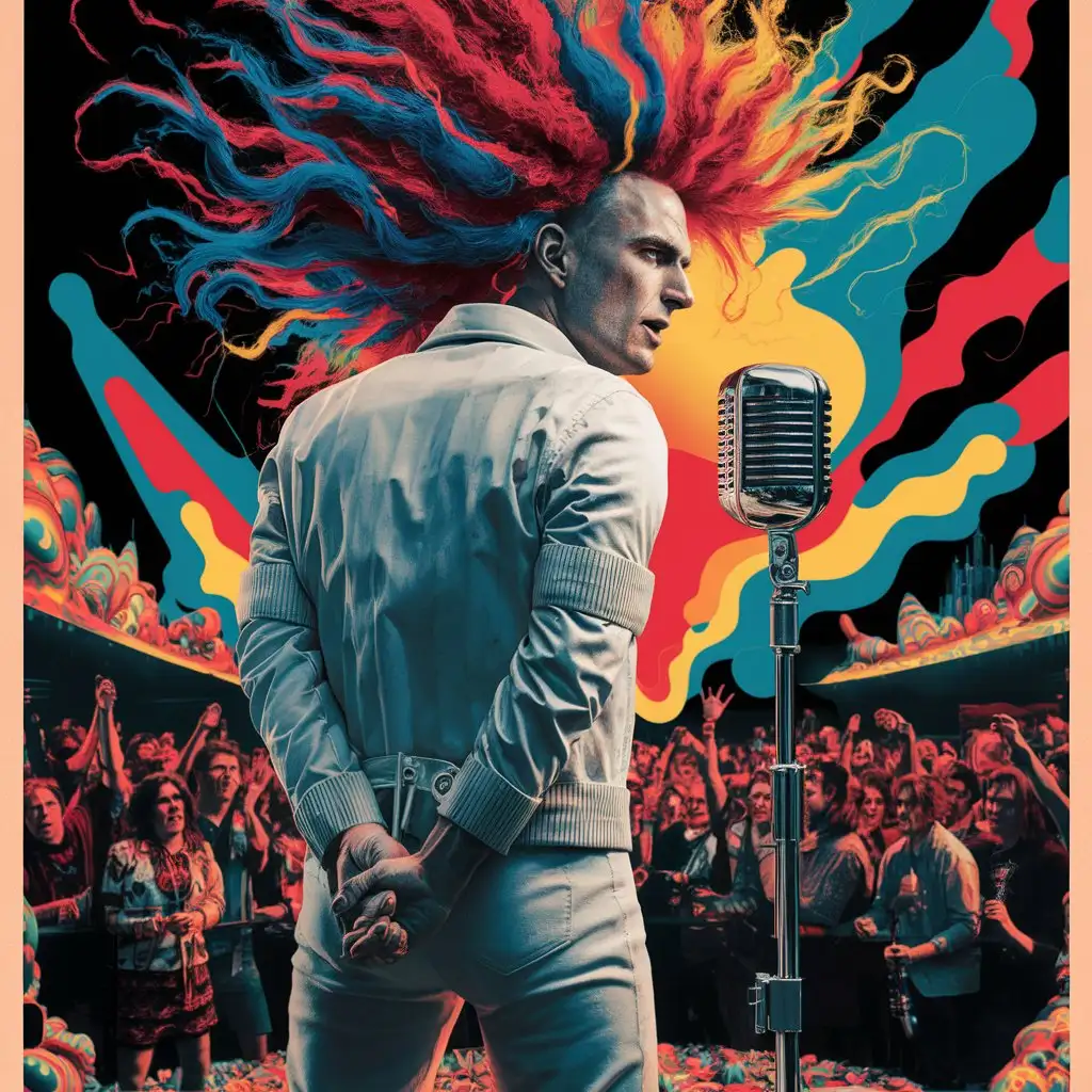 Colorful Straight Jacketed Man Addresses Crowd on Concert Poster
