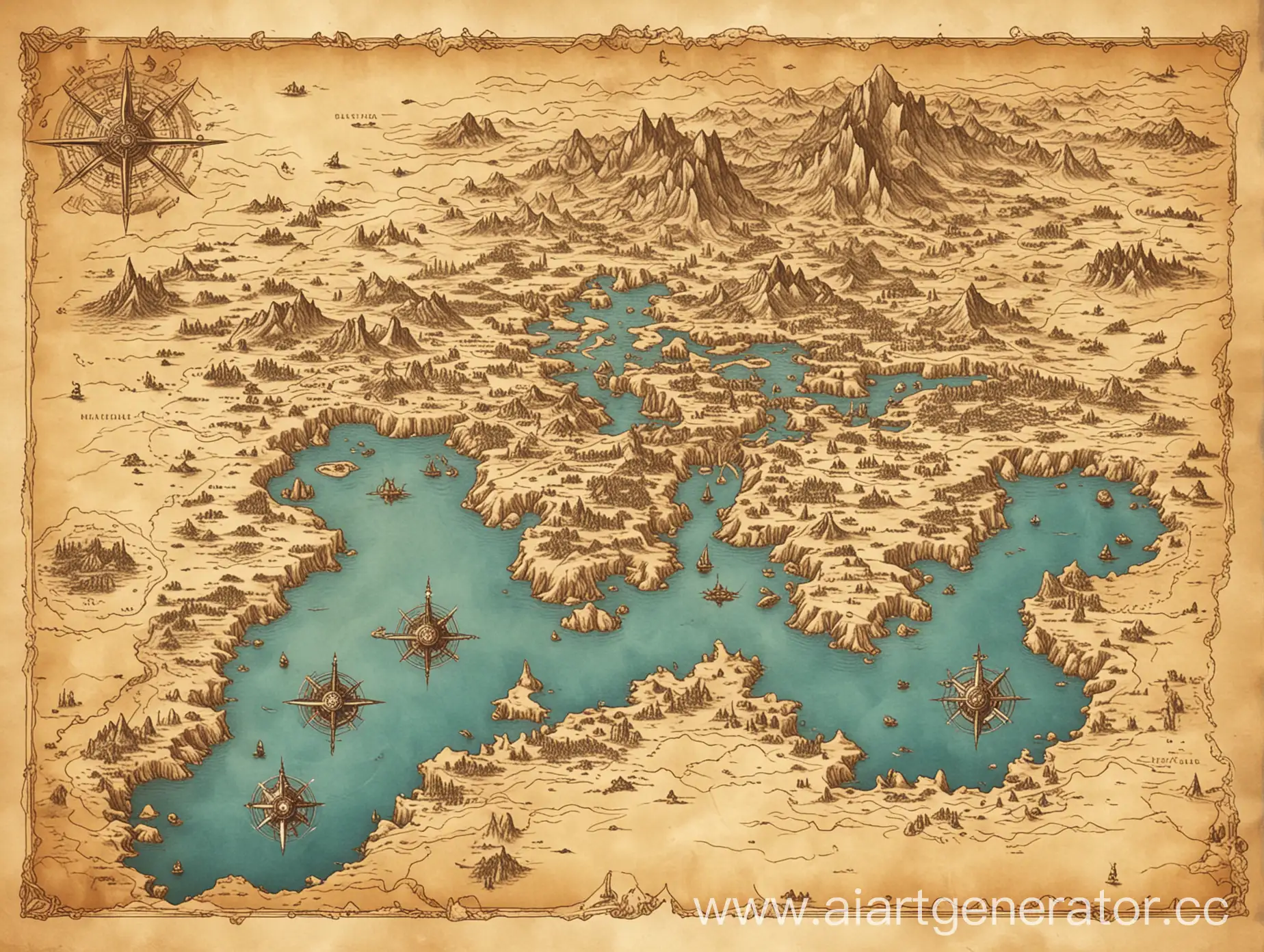 Карта в стиле final fantasy с видом сверху на старой бумаге архипелаг