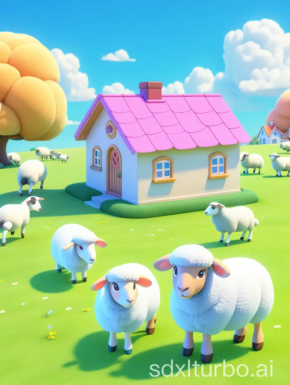  photo of grass field with a cute little housewith a pink roof and blue eaves, there are 2 sheeps atfar away, in the background is a blue sky and whiteclouds, in the style of light orange, in the style ofNintendo, with smooth edges, like 3D cartoon gameart, with colorful animated stills, with soft lighting, froma high angle view --ar 3:4