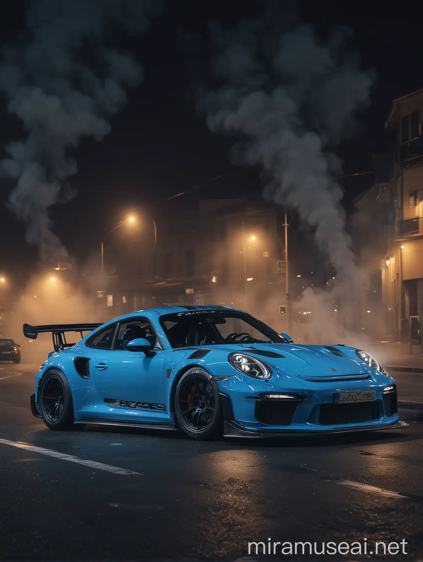a realistic photo,Side Front view, Akira Nakai style blue Porsche gt3 rs, xenon lights on, body kit, CAMERA HAZE, BLUR, cinematic LUT, HIGH RESOLUTION, real size, Smoke on tires, 8K, night time