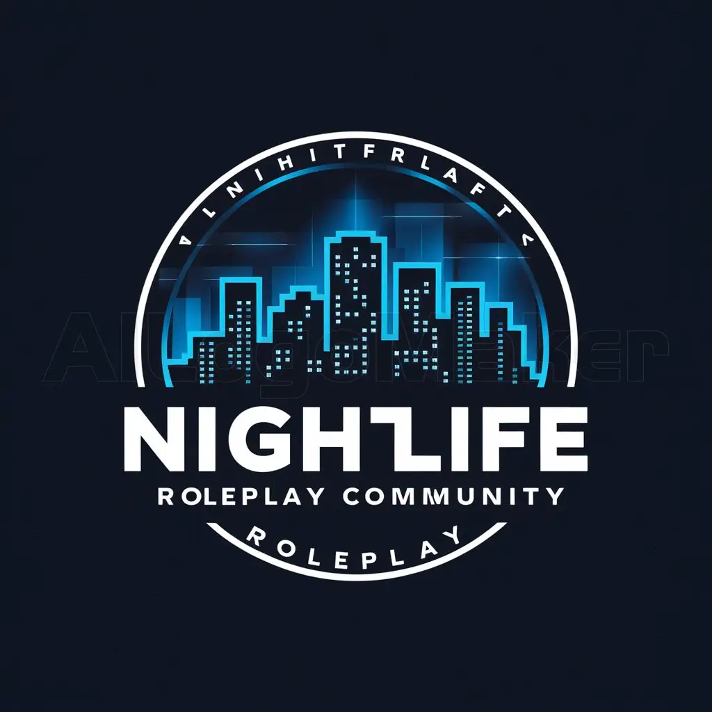 a logo design,with the text "Nightlife Roleplay Community Roleplay", main symbol:A city in the night, with dark blue flashing lights, a midnight sky,Moderate,be used in Others industry,clear background
