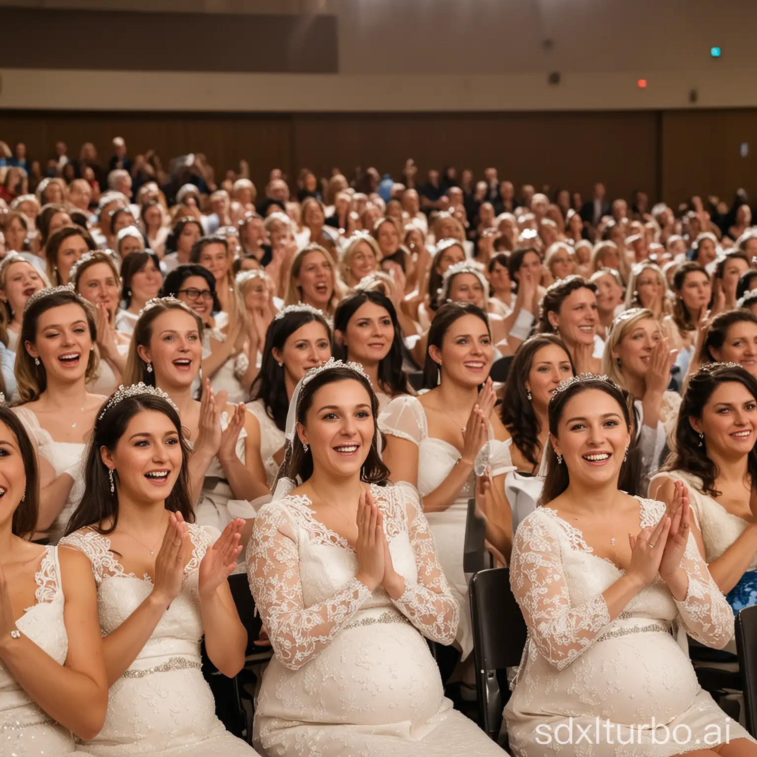 Auditorium filled with pregnant brides clapping