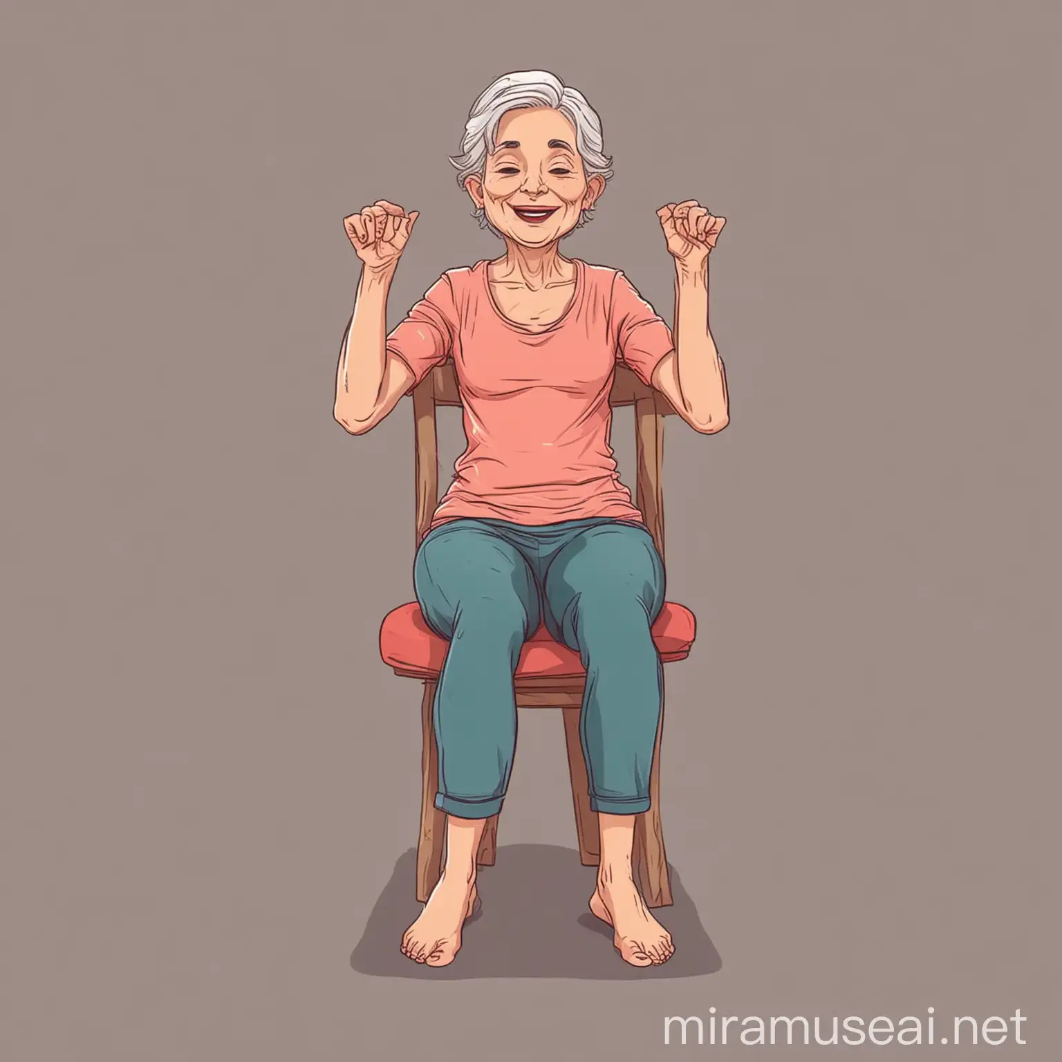 senior woman doing chair yoga pose in happy mood illustration style vector front view straight hands