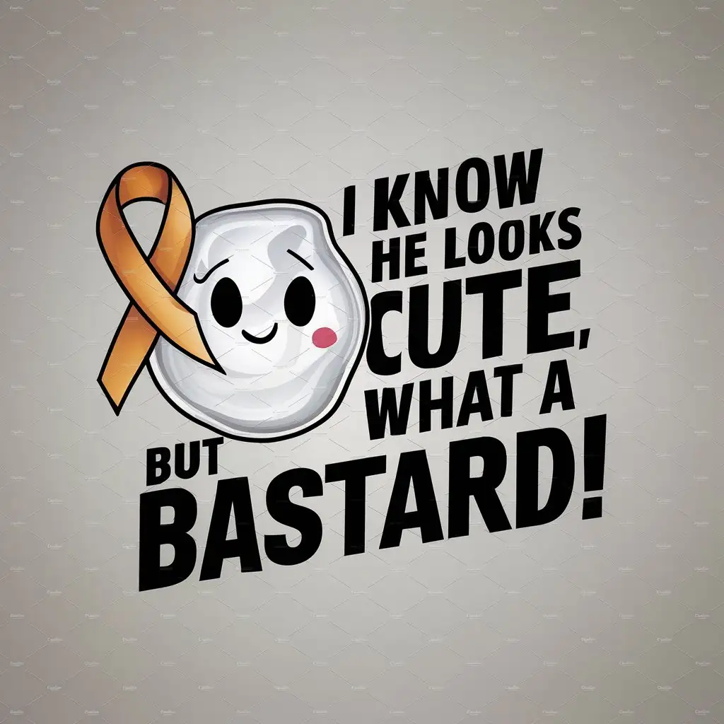a logo design,with the text "I KNOW HE LOOKS CUTE  BUT WHAT A BASTARD! Leukemia Awareness", main symbol:White blood cell with a cute face and Orange cancer ribbon,complex,clear background