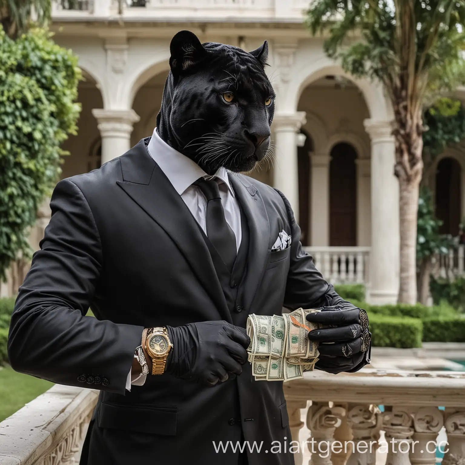 Elegant-Panther-in-Black-Suit-Flaunting-Wealth-at-Luxurious-Villa