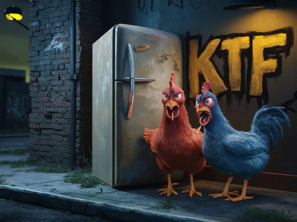 Angry Chickens Beside Vintage Fridge with KTF Graffiti