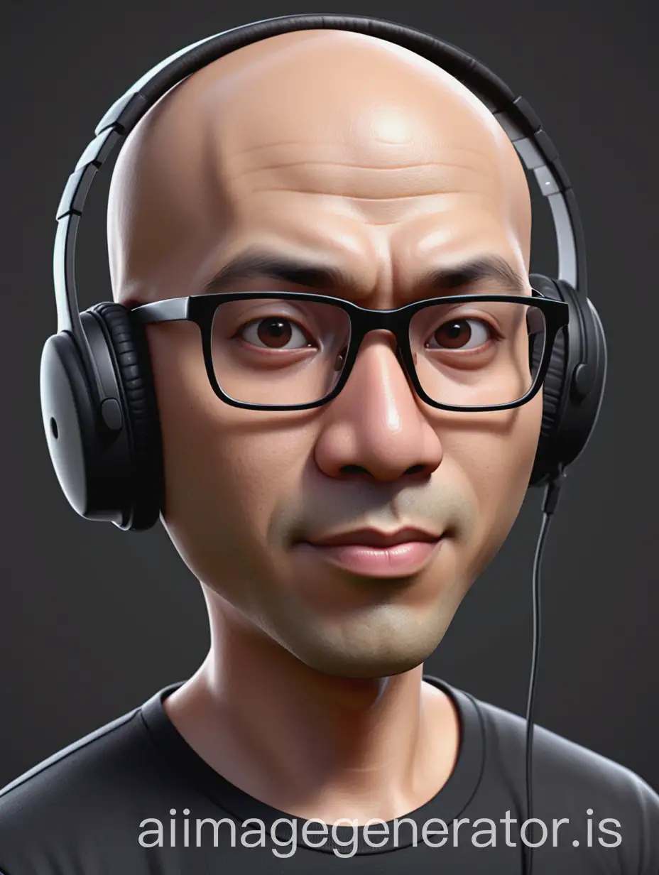 Create a character 3D cartoon style of a 35 year old indonesian man, bald, glasses. normal eyes, nose is proportional and slightly pointed. Fine hair above the lip. Wearing a black T-shirt with headphone. body angle 2/3, look straight ahead. The style should be a 3D cartoon rendering with smooth textures and details