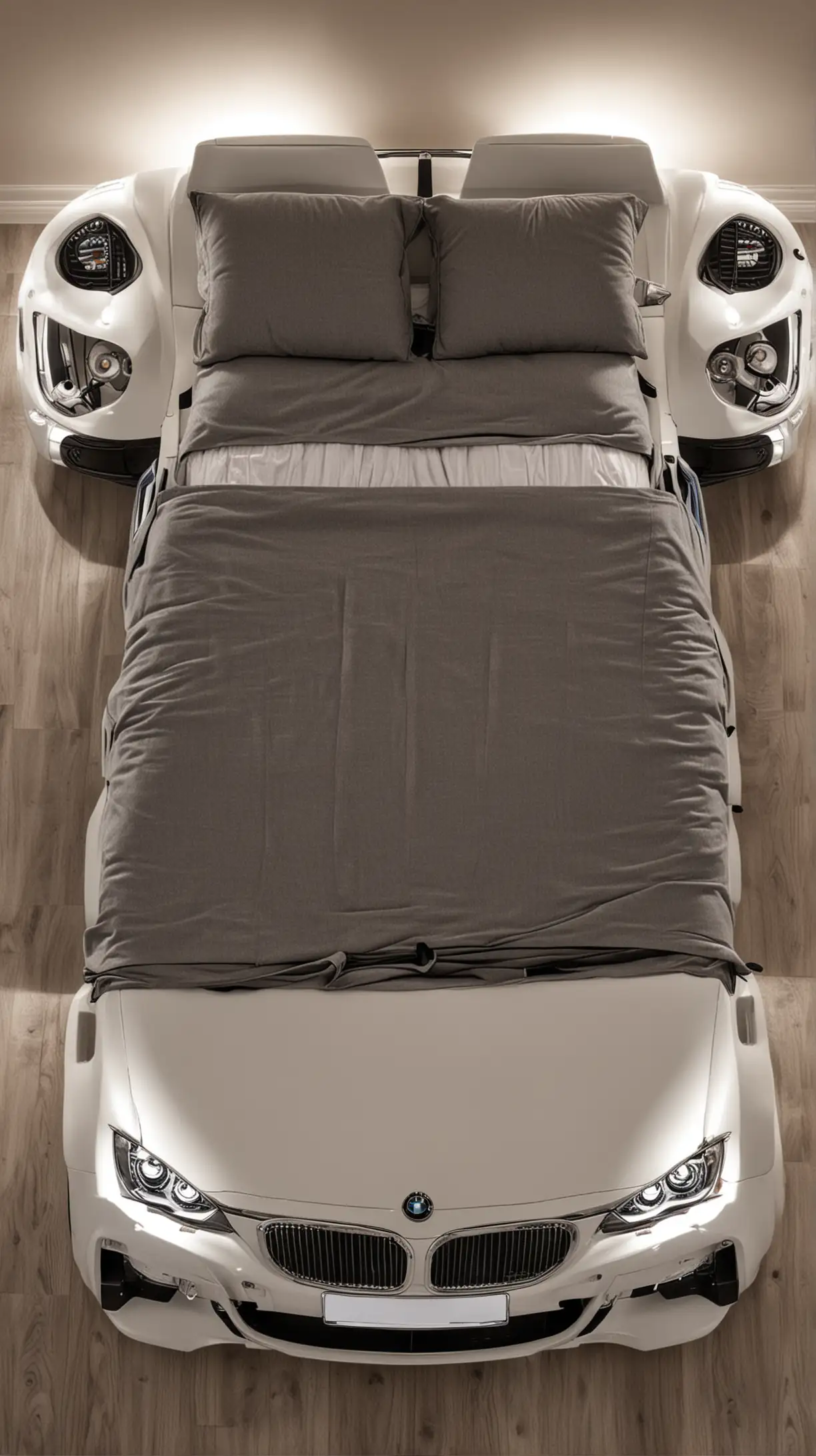 Double bed in the shape of a BMW car with headlights on