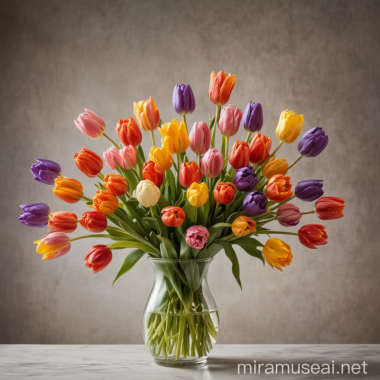 A vase filled with an array of colorful tulips, their petals reaching for the sky.
