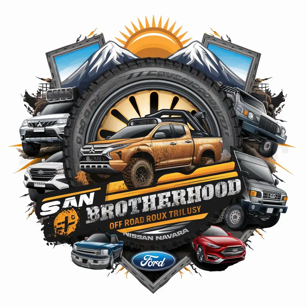 a logo design,with the text "SAN BROTHERHOOD", main symbol:MUD TRUCK, BIG SUN, BIG TYRE AS FRAME, MITSUBISHI TRITON, TOYOTA HILUX, ISUZU DMAX, NISSAN NAVARA, FORD, TWO MOUNTS, OFFROAD, RIVER, TWO BOARS, COLOURFULL,complex,be used in Automotive industry,clear background