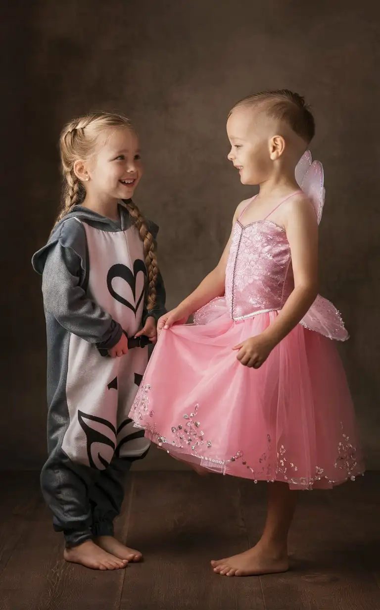 Gender role-reversal, Photograph of a little boy, white English, age 7, handsome cute face, smooth white skin, cute smile, smart hair shaved on the sides, the boy is standing wearing and holding a tight fairy pink princess dress and curtsying, the boy’s sister, 6-year-old smaller girl with long hair in braids, is stood watching the boy and smiling, she is wearing a baggy knights costume ((the implication is they have swapped costumes)), adorable, perfect children faces, perfect faces, clear faces, perfect eyes, perfect noses, smooth skin