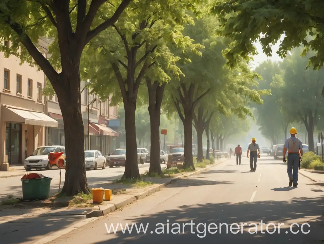 Busy-Workers-in-a-Small-Town-Park-on-a-Hot-Windy-Morning