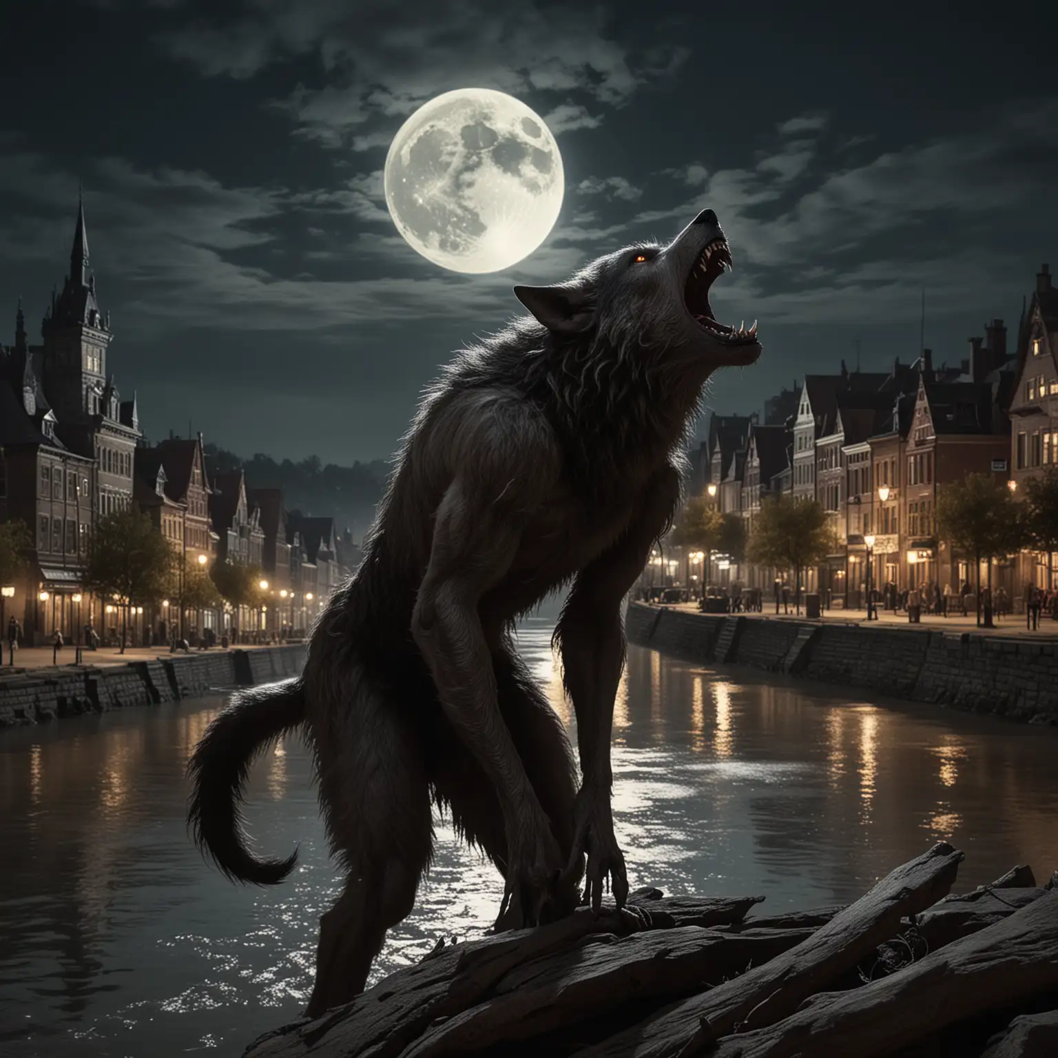 werewolf howling at the moon in a city with river nearby