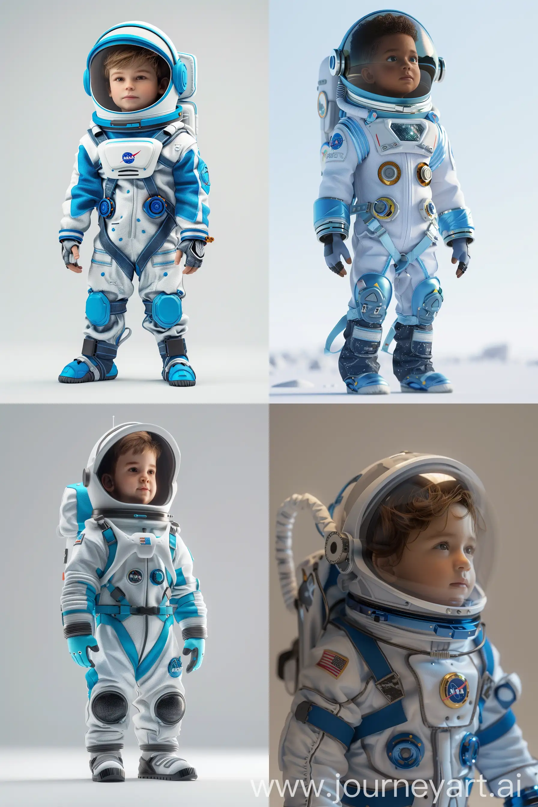 A handsome little boy in a spacesuit,blue,white, 3d, blender, precise structure, fine material rendering, 2.5d, bright colors, simple background, detailed rendering, 8k, rich detail, meticulous structure ar 9:5 --ar 2:3 