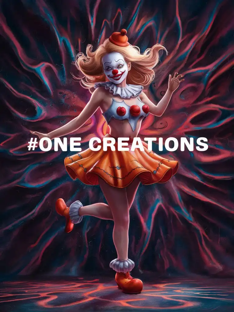 bold small write '#one creations' against a complex 8k Skategraffitipunk 8k background featuring a a clown woman is dancing, she has flowing blonde hair and is wearing a orange themed clown costume. she is not scary, and actually looks very cute. trippy acidic background
, intricate mystical perfect anatomy, gorgeous, make use of the perfect color and lighting to make it breathtaking rfktrstyle
