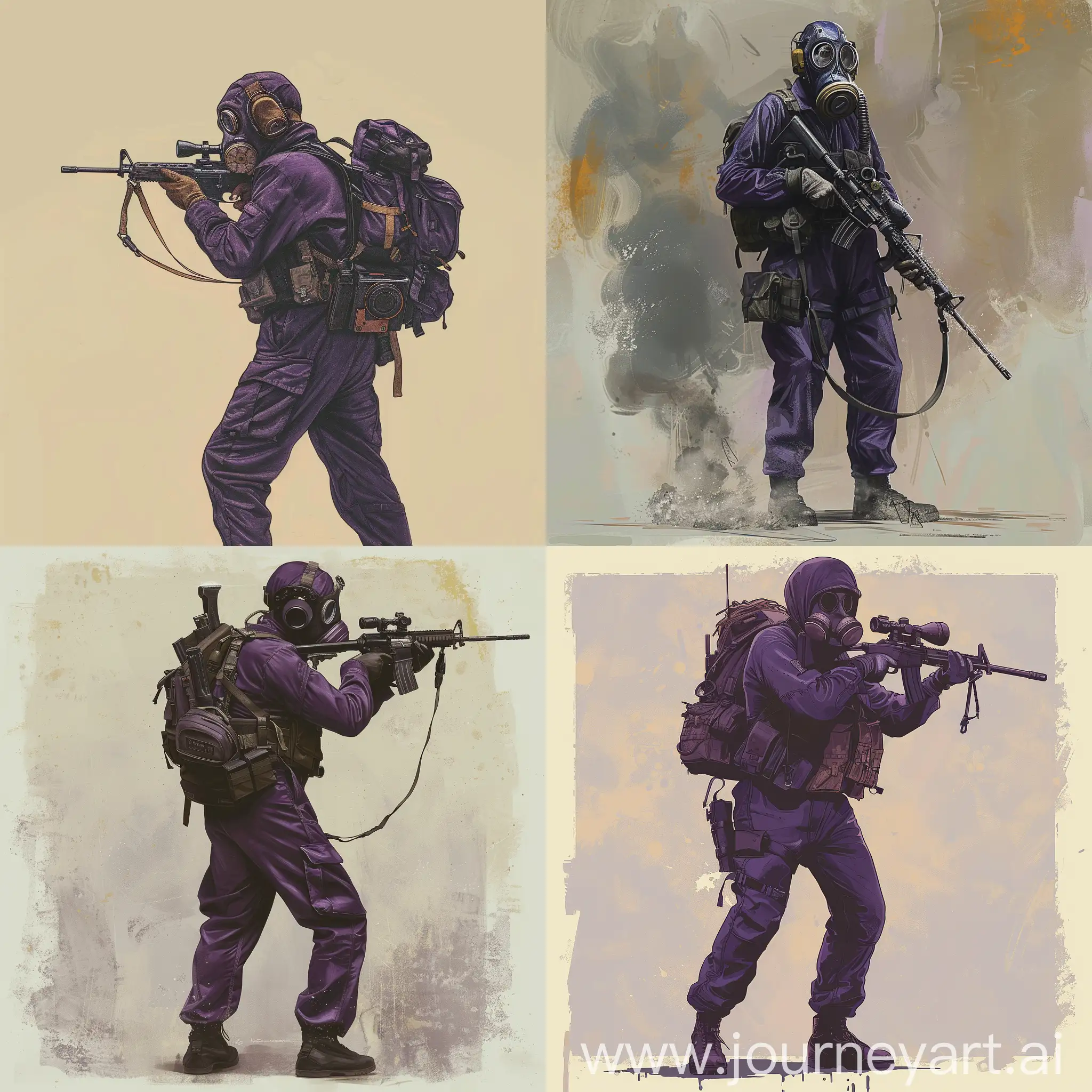 Concept character art, 1978s style art, SAS operator, dark purple military jumpsuit, hazmat protective gasmask on his face, small military backpack, military unloading on his body, sniper rifle in his hands.