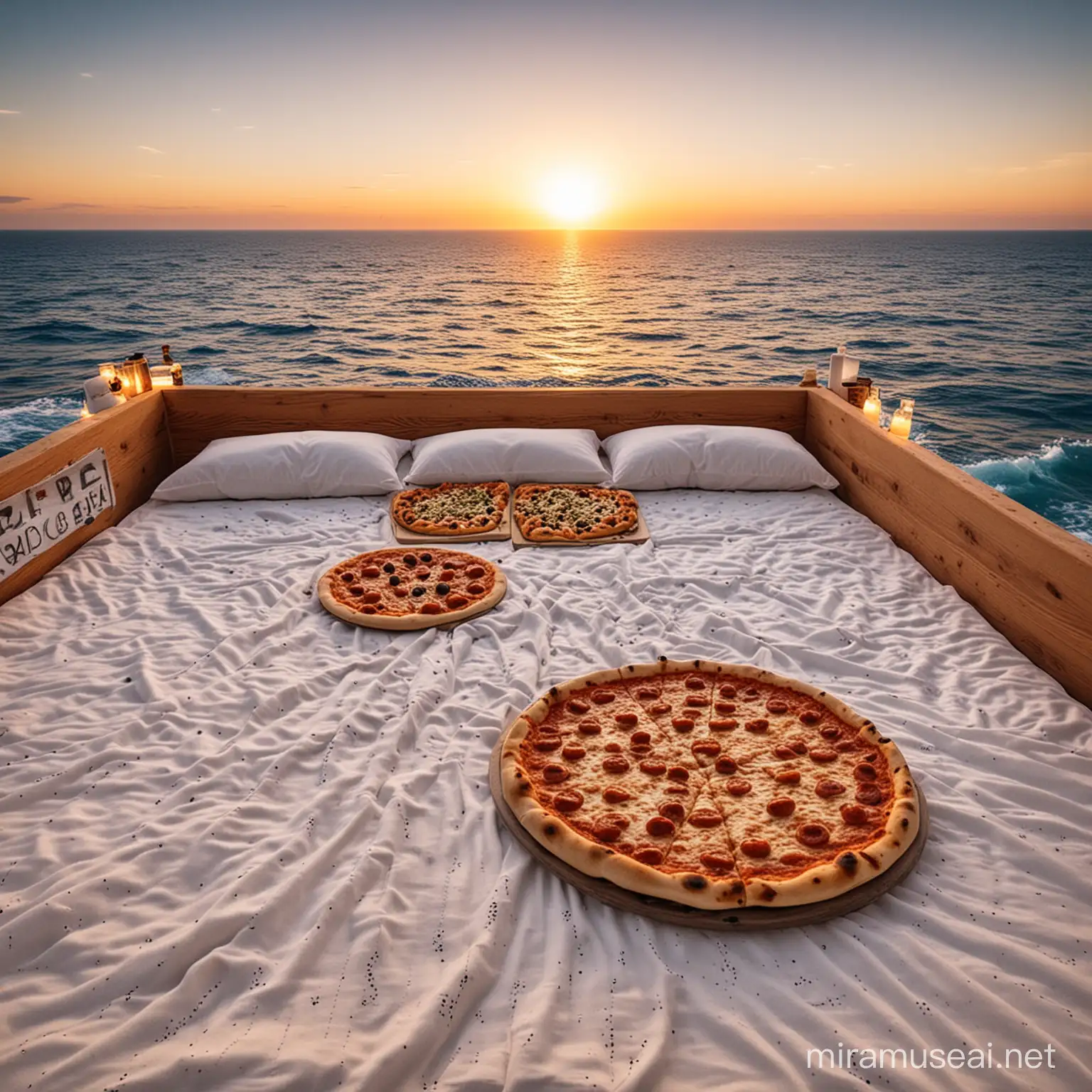 pizza and pasta on a bed on an endless ocean