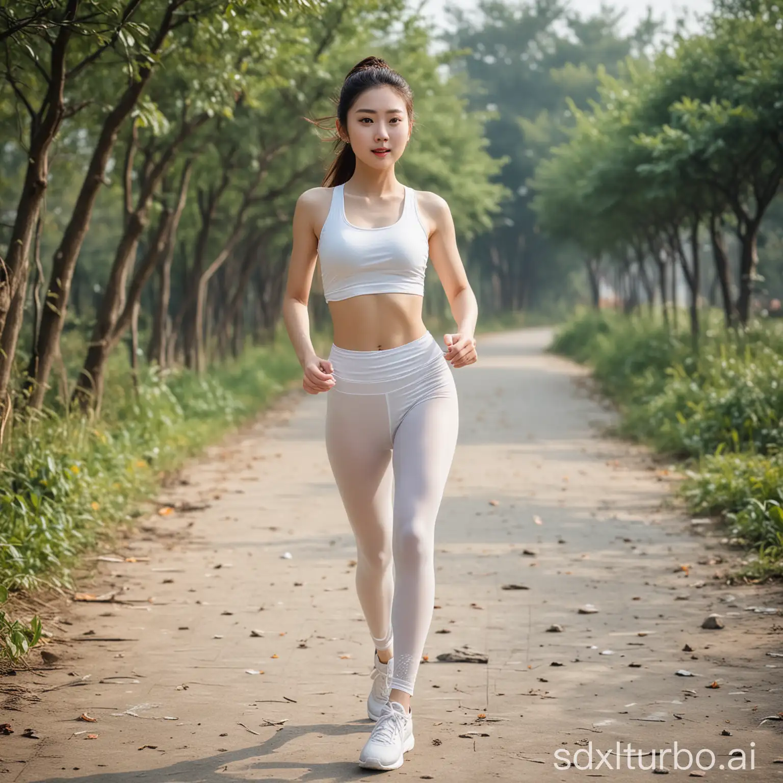 a Chinese beautiful girl running while wearing white translucent yoga pants