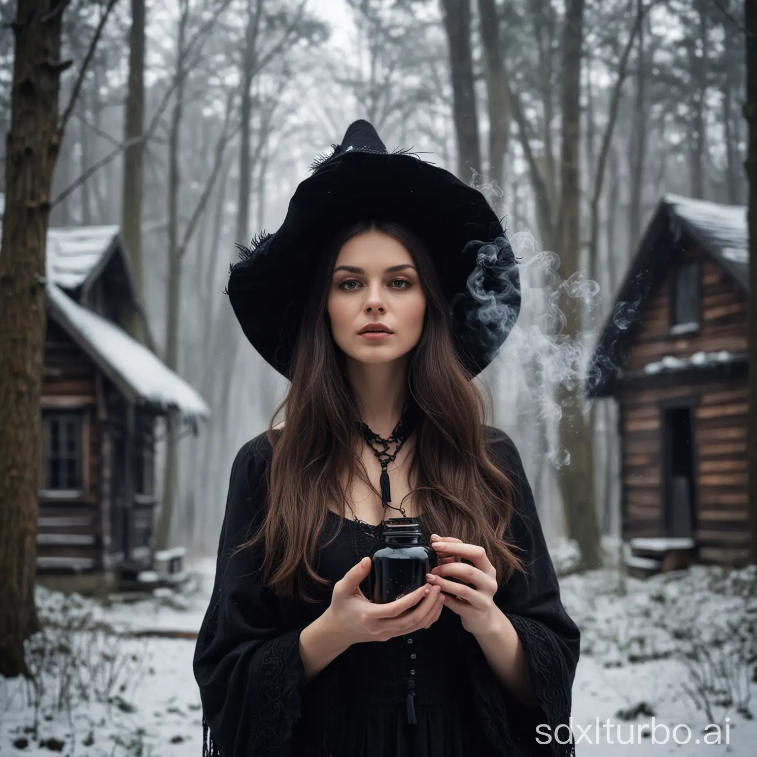 In a mysterious forest, an old wooden house stands quietly among the woods. In front of the wooden house, a beautiful witch stood, her long hair falling on her shoulders like black tassels. She wore revealing black magic-style clothing, and her skin was as white as snow, exuding a mysterious aura. Her face is delicate and delicate, and her eyes sparkle with a hint of magic. She was holding a black medicine bottle in her hand, which seemed to be performing some kind of mysterious magic. Around her, white smoke swirls, creating a mysterious and dreamy atmosphere. This picture is full of magical power and mysterious charm, which makes people involuntarily attracted.
