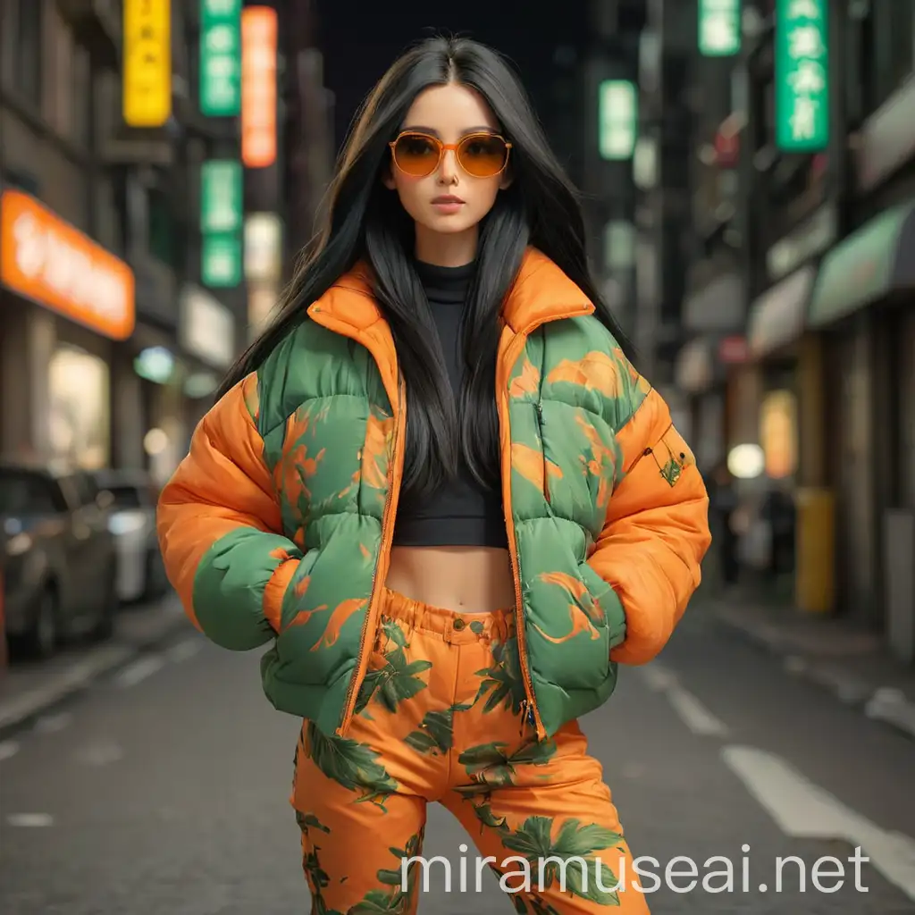 Stylish Young Woman in Orange Streetwear on Tokyo Night Street