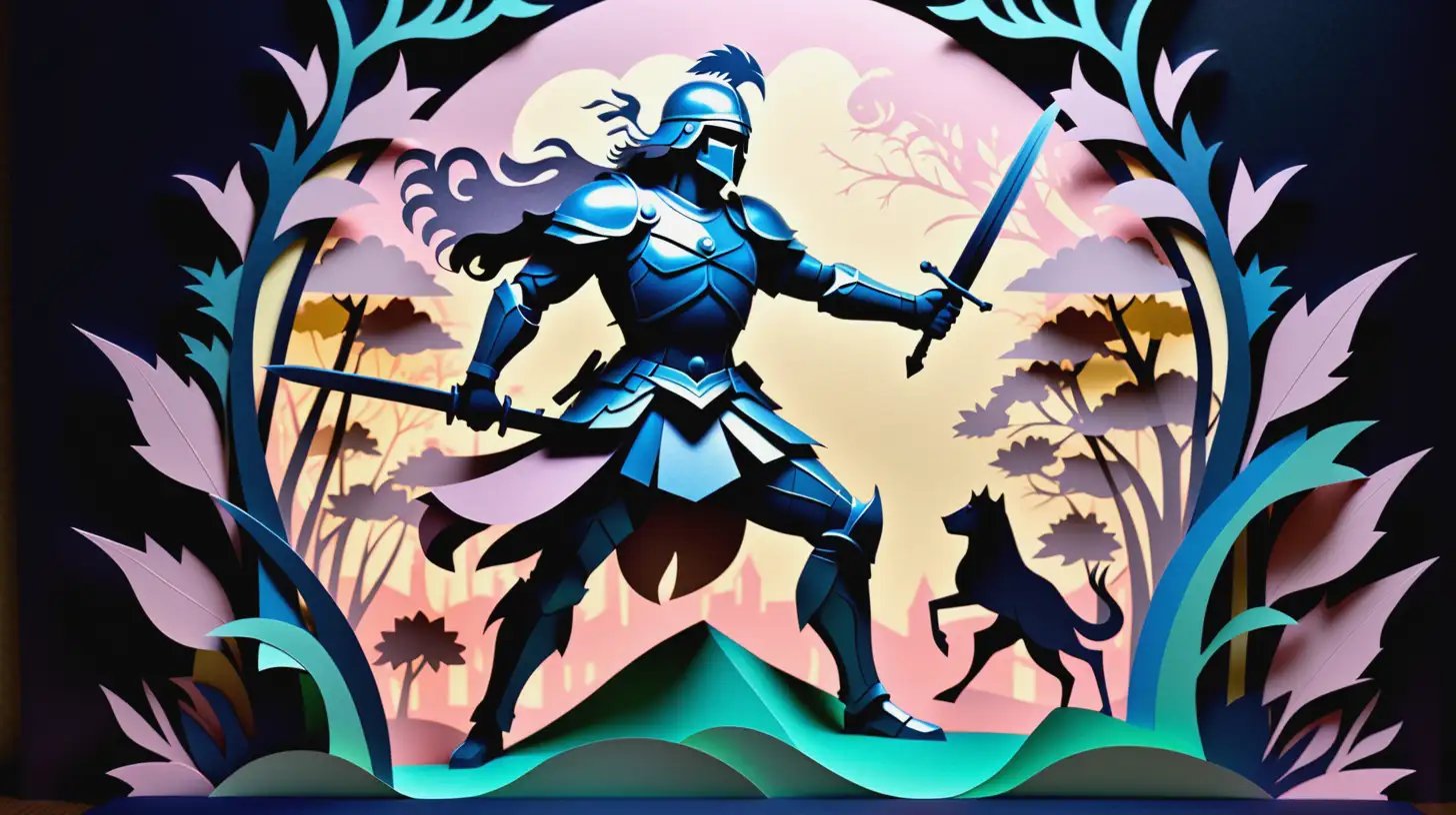 LaserCut Paper Art of Dynamic War Scene with Sword and Shield