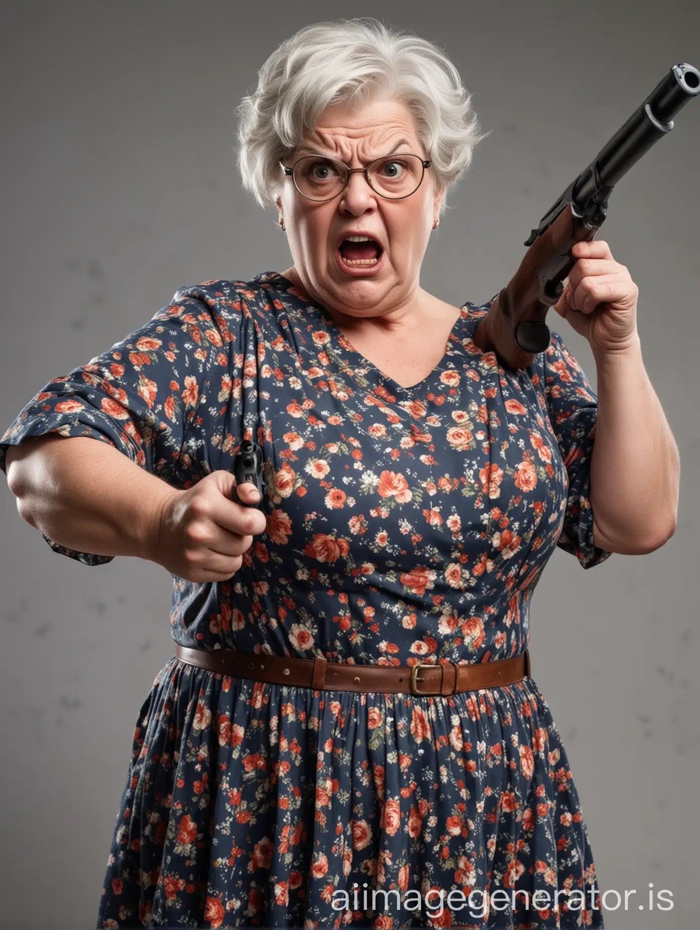 fat old lady in dress, short hair, angry, pointing a double barreled shotgun towards the camera
