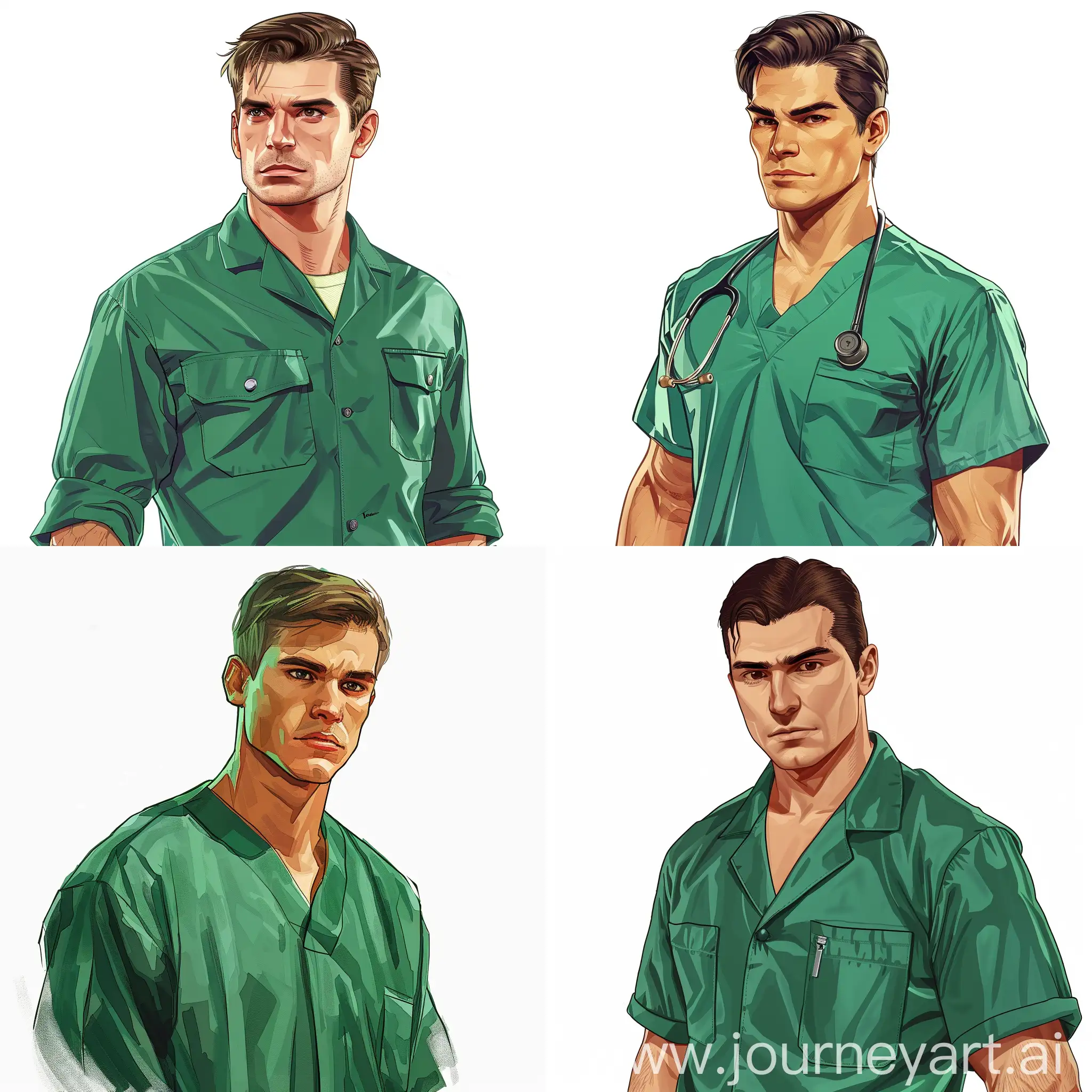Draw a handsome young doctor in a green uniform in the style of the GTA 5 computer game. The background is white
