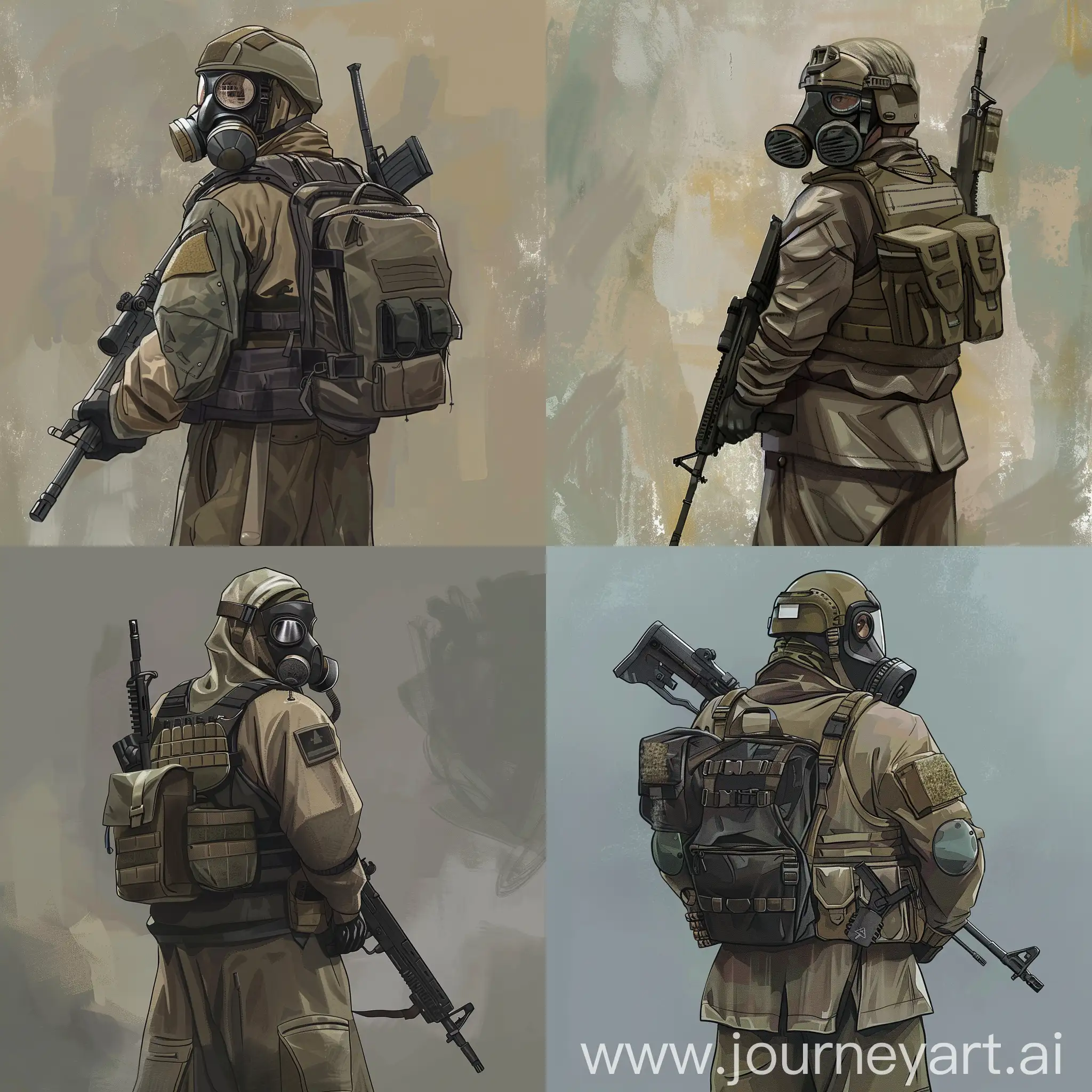 Hazmat soldier, gasmask, helmet, hazmat armor, military vest, sniper rifle, small military backpack on the back, concept art.