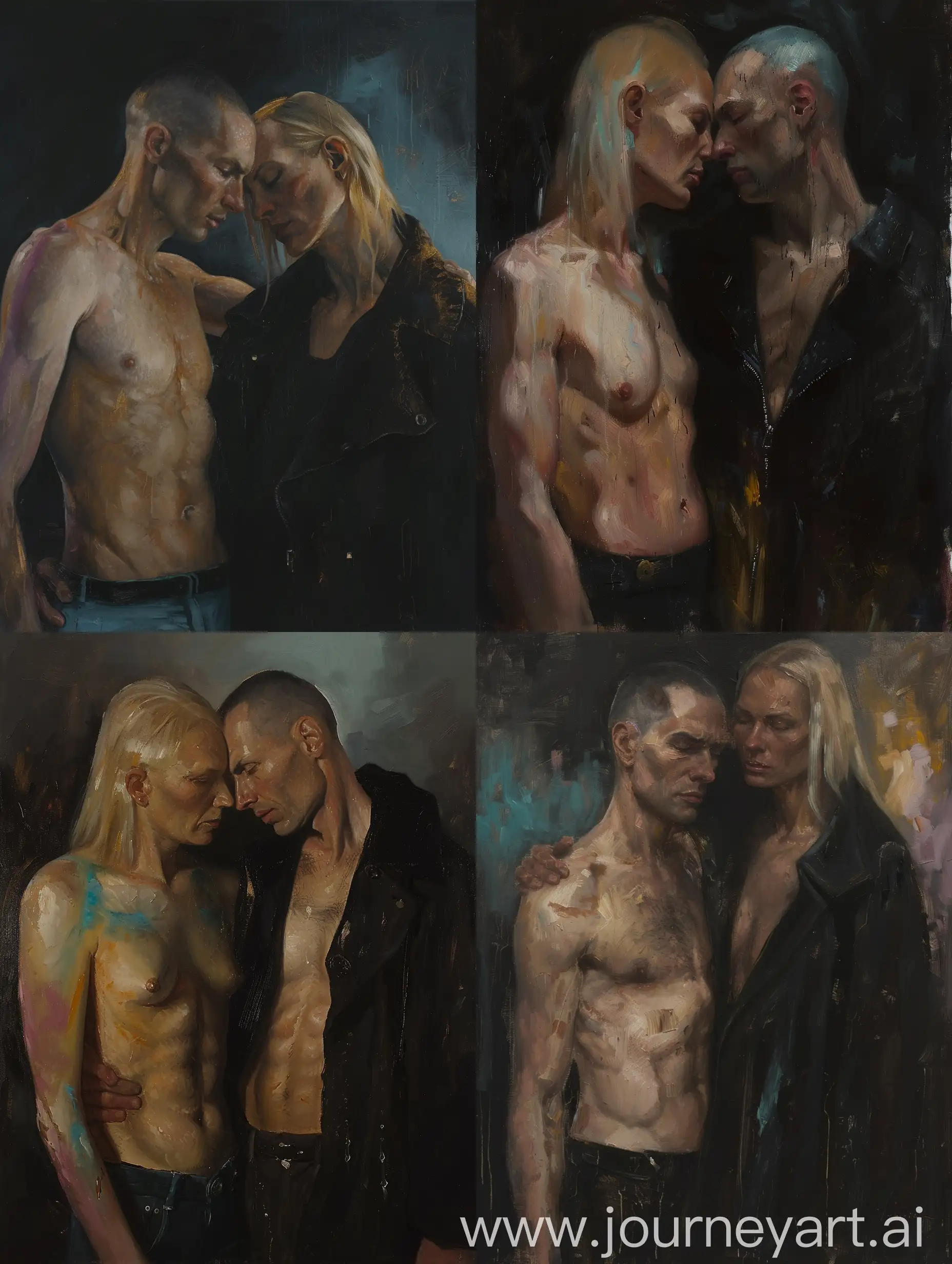 oil painting depicts two individuals in close proximity, one with a bare torso and the other wearing a dark open shirt or coat, showing emotional connection.