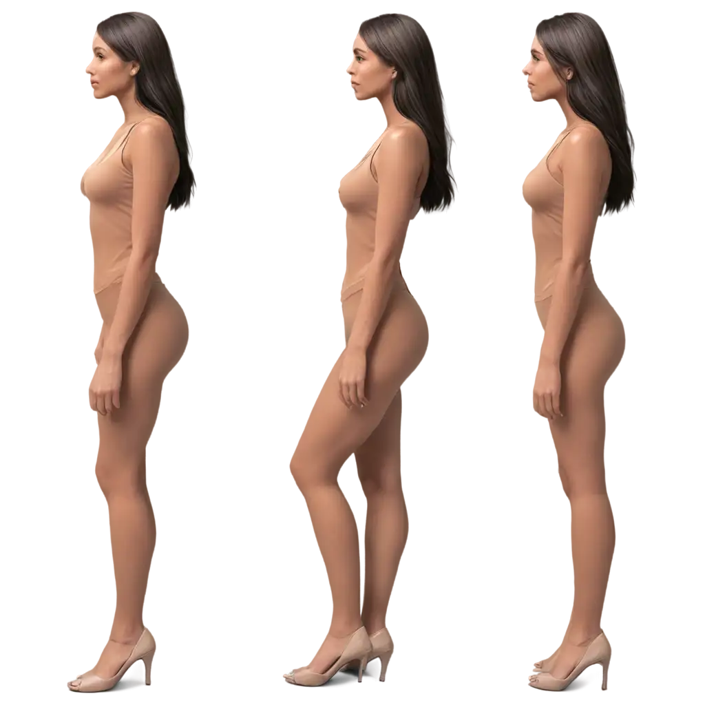 female body reference sketch, showing front, back and side view